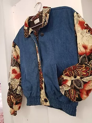 Vintage 90s Floral Patchwork And Sleeves Denim Jean Bomber Jacket Sz 12  • $35