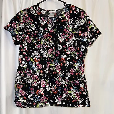 Scrubstar Scrub Black Top M Womens Cotton Floral Print  Short Sleeve W Pockets • $12