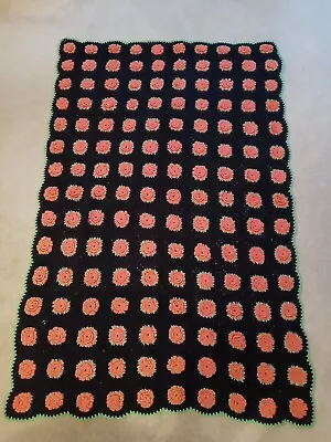 Vtg. Handmade Afghan Crocheted Granny Square Blanket Throw 42”x68” Black & Pink • $19.95