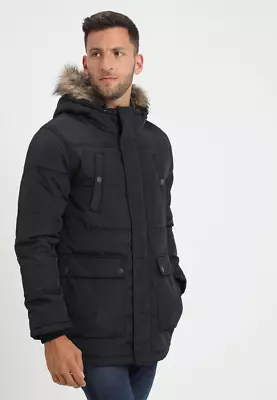 Edc By Espirit Men's Black Parka Coat WIth Faux Fur Trim Size XL Bnwt • £49.50