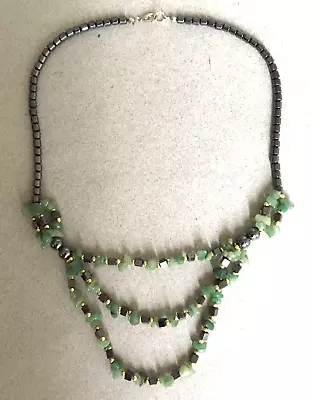 VINTAGE AVENTURINE CHIP & HAEMATITE COLLAR NECKLACE Bib Choker Boho • £5.99