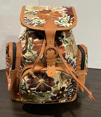 Embroidered Mexican Floral Backpack Leather Trim Tan Boho  14  X 14  Pockets • $45