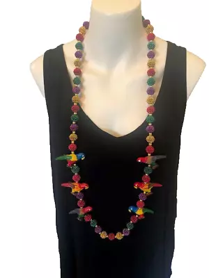 Parrot Beaded Necklace Tropical 42  Macaw Birds Purple Gold Pink Red Green • $17.95