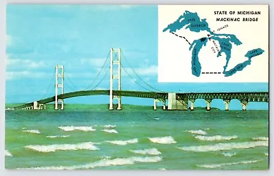 Postcard Michigan Mackinac Bridge Mackinaw City St. Ignace Map Chrome A566 • $2.95