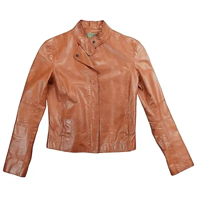 M0851 Leather Jacket Women's 4 Light Brown Motorcycle Moto Coat Band Collar • $140.40