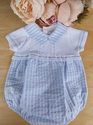 Baby Boy Outfit Blue White Romper Playsuit Traditional Knit Woven NB 0 3 6 9m • £22.90