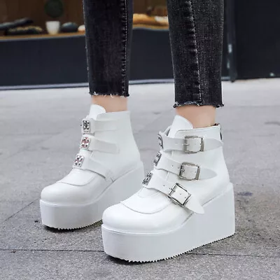 Womens Platform Boot Buckle Strap Goth Punk Boots Ladies Wedge Dress Casual Zip • $32.54