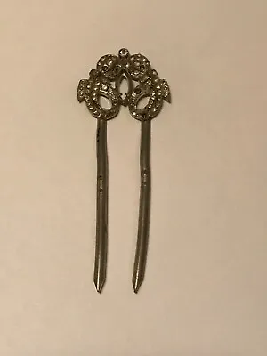 ANTIQUE HAIR ACCESSORY BOBBIN EARLY 1900s VINTAGE UNMARKED SILVER RHINESTONE PIN • $17.99