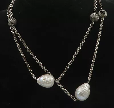 925 Silver - Vintage Genuine Diamonds & Baroque Pearls Chain Necklace - NE3218 • $344.15