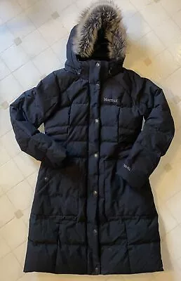 Marmot 700 Fill Down Long Jacket Parka Coat Womens Size Medium M Fur Hood VGC • $79