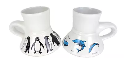 Vintage Set Of 2 Wide-Bottom Bearly Surviving Coffee Mugs-PENGUINS-SHARKS-FISH • $17.95