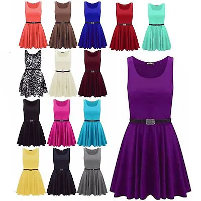 New Womens Ladies Belted Sleeveless Franki Flared Party Swing Skater Dress Top • $10.09