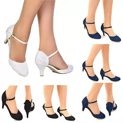 Ladies Lace Embellished Low Heel Ankle Strap Full Toe Shoes Wedding Sizes 3-8 • £24.99