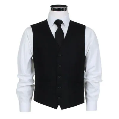 W51 Mens Black Herringbone Masonic Formal Funeral Director Waistcoat Vest • £39.99