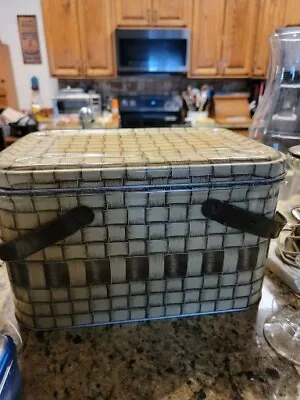 Vintage 1950s Tin Metal Picnic Basket - Beige Brown 14  X 10  X 8.5  • $44.99