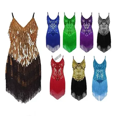 £57.94 • Buy Women Red Blue Gold Sexy Tassel Latin Dance Dress Fringe Sequin Dance Dresses