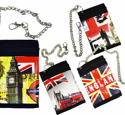 Union Jack London Canvas Men Boy Tri-Fold Purse Wallet With Security Metal Chain • £6.99