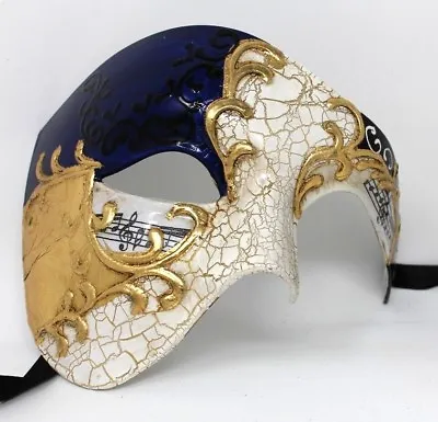 Quality Blue & Gold Half Face Phantom   Opera Musical Notes Masquerade Mask  • £17.99