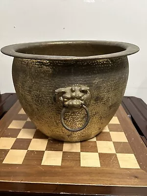 Large Vintage Hand Hammered Brass Planter Jardiniere Foo Dog / Dragon Handles • $50