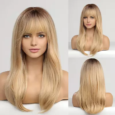 HAIRCUBE Long Blonde Wigs For Women Straight Wigs With Fringe Synthetic Layere • £29.41