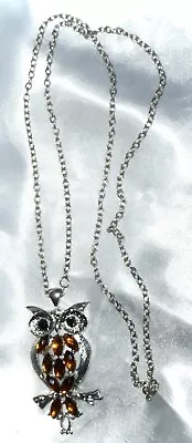 VINTAGE - SILVER *OWL* W/GOLD MARQUIS RHINESTONE *FEATHERS* PENDANT NECKLACE • $9.99