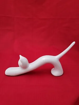 Vintage Naaman Israel Porcelain Stretching Cat Figurine White Modern MCM Kitten • $32