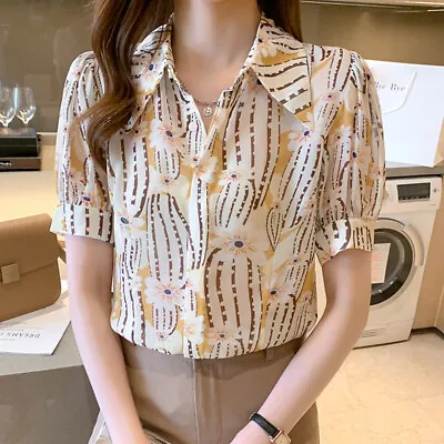 Women's Summer Print Puff Sleeve Elegant Shirt Work Office Business Blouses Tops • $11.56