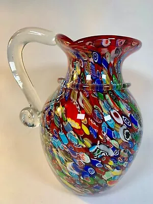 Murano Italian Art Glass Pitcher Hand Blown Millefiori Floral Cane Over Red MCM • $85