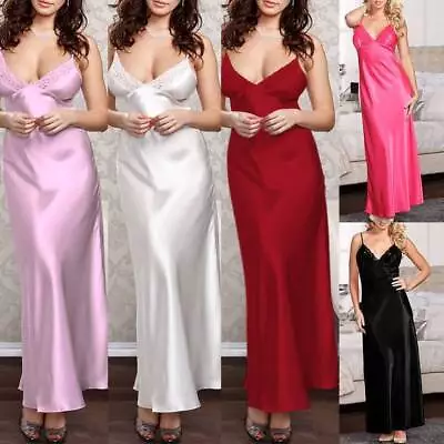 Women Silk Satin Long Maxi Dress Nightwear Lingerie Sleepwear Nightgown Babydoll • £8.19