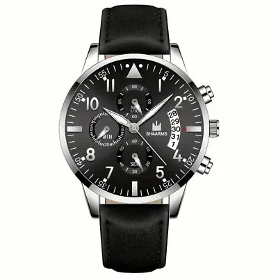 Men's Luxury Business Watch With Leather Strap Black Quartz Analogue Casual • £8.99