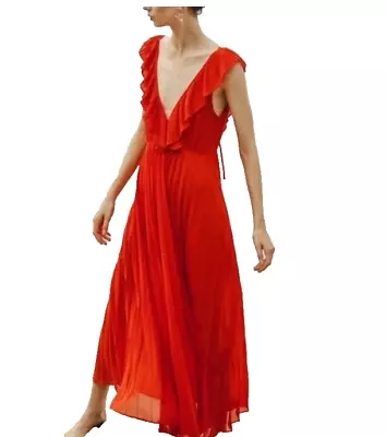 Zara Orange Pleated Maxi Dress Deep V Ruffled Neckline Women Size L Large EUC • $33.99