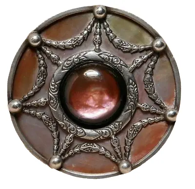 Antique Vtg BUTTON X-Large Pearl Shell W/a Metal Spider Web Overlay NICE • $195