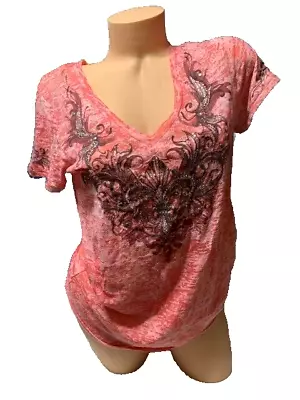 Miss Me Shirt Womens Large Pink Graphic V Neck Rhinestones • $14.99