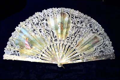 Antique Mother Of Pearl Hand Fan Lace Silk Signed Bonolini 19th Century Dresden • $449.06