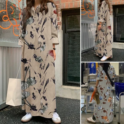 $35.74 • Buy ZANZEA Womens Long Sleeve V Neck Shirt Dress Floral Printed Vintage Abaya Dress