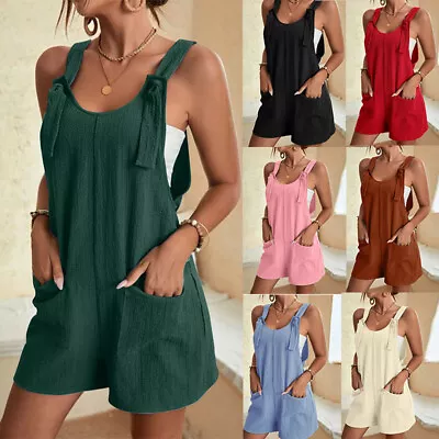 Womens Summer Linen Cotton Jumpsuit Dungarees Romper Shorts Playsuit Overalls • $16.71