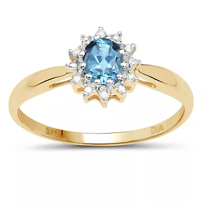  9ct Gold Blue Topaz & Diamond Cluster Engagement Ring Sizes I - W • £139.99