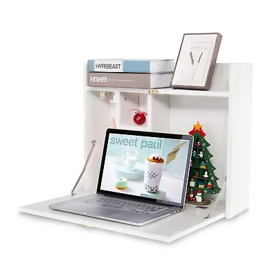 Wall-mounted Computer Desk Folding Laptop Drop-Leaf Study Table With Shelf Home • £45.99