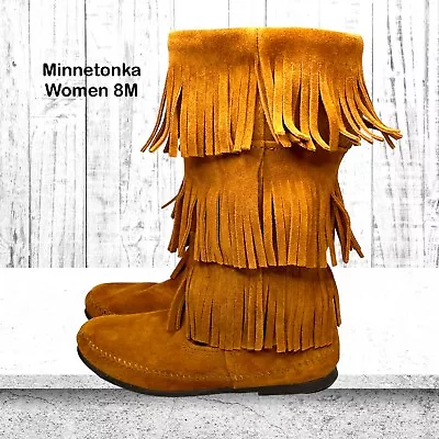 Minnetonka Womens Brown Suede Leather 3-Layer Fringe Moccasin Boot US Size 8 M • $27.99