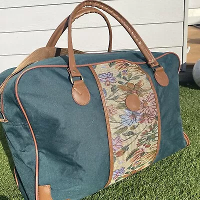 Vintage Floral Carpet Tapestry Bag Green Luggage • £19.99