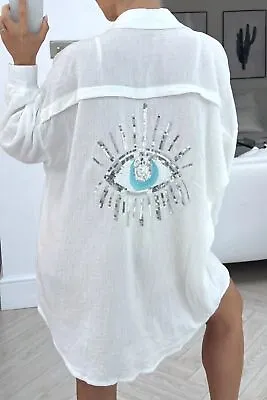 Ladies Women's Button Up Sequin Eye Oversized Summer Tunic Shirt Mini Dress Top • £23.99