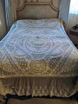 GORGEOUS Antique French Normandy Lace Bedspread Embroidery Tambour Lace 100 X 83 • £505.98