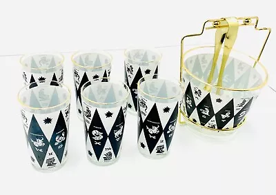 Vintage Mid Century Modern Astrological Bar Set-Black/White/Gold • $195