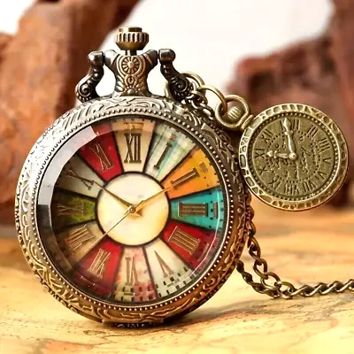 Antique Colorful Roman Numeral Dial Quartz Pocket Watch Necklace Gift Men Women • $25.98