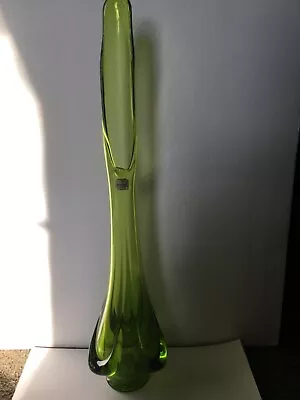Vintage MCM Viking Glass Green Avocado Epic Drape Swung Vase 21” Tall W Sticker • $124.99