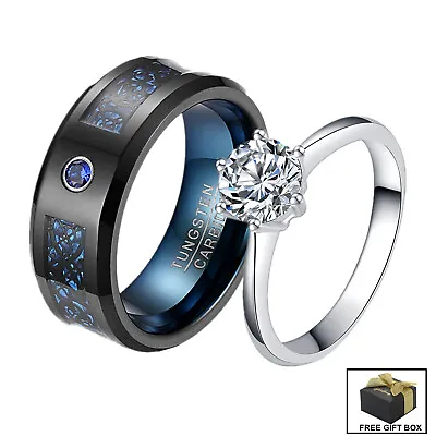 His Hers Matching Wedding Engagement Ring Women Steel CZ & Men Tungsten Band Set • $22.99