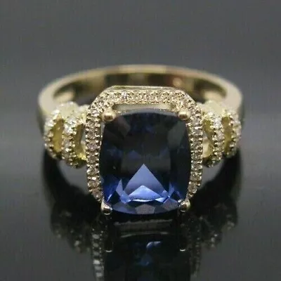 2Ct Cushion Cut Simulated Tanzanite Halo Engagement Ring 14K Yellow Gold Plated • $299.99