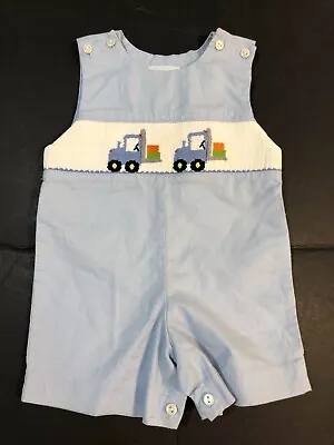 Vive La Fete Baby Boys Blue Smocked Romper  With A 2 Trucks Size 6 Months • $15.99