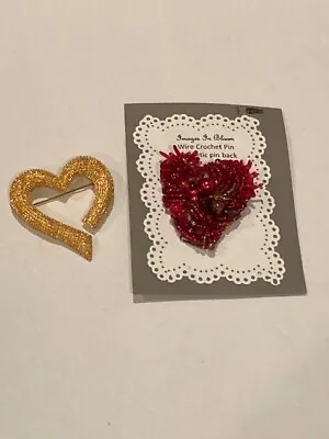 Heart Shaped Brooch Pins Gold Toned Heart Wire Crochet Magnetic Pin Lot Of 2 • $10.99