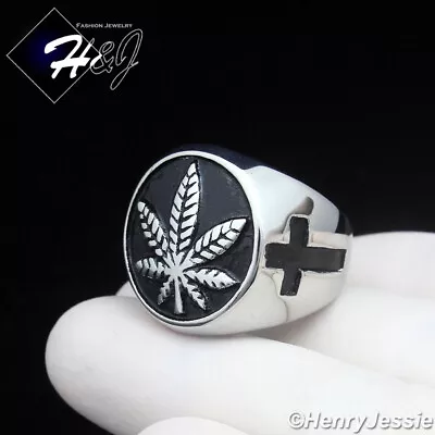 MEN Stainless Steel Silver/Black Plated Marijuana Leaf Cross Round Ring*R150 • $15.99